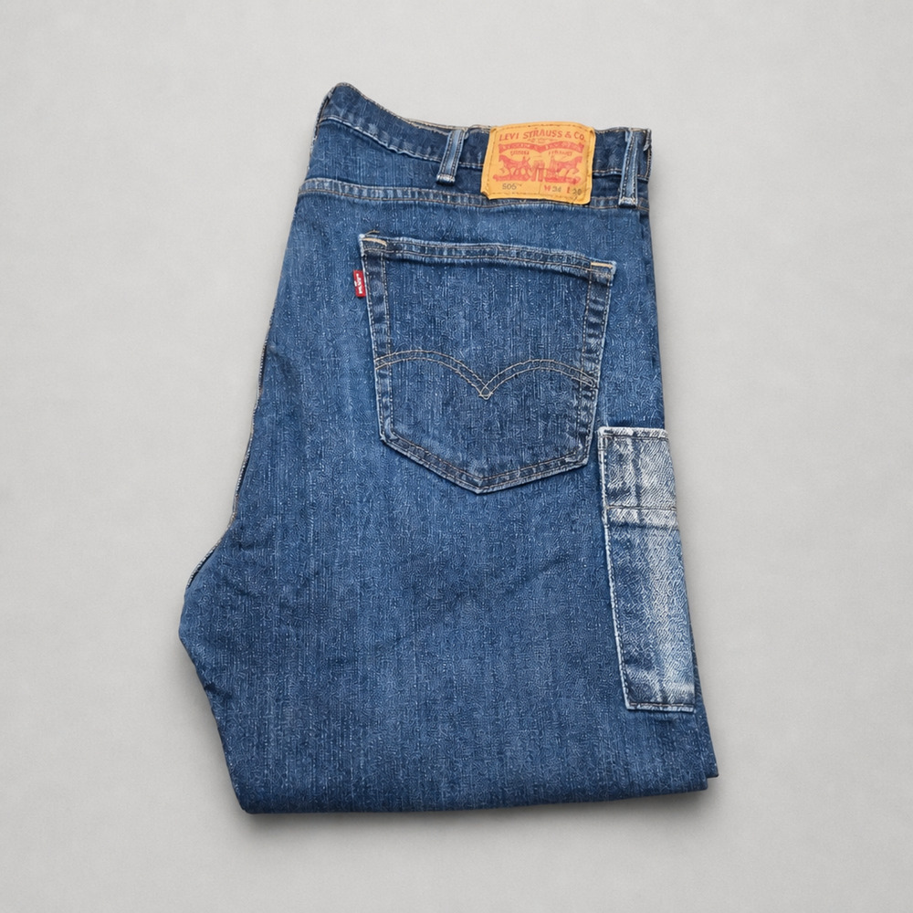 Levis 505 Jeans Mens 38x30 Blue Regular Straight Custom Patchwork Distressed